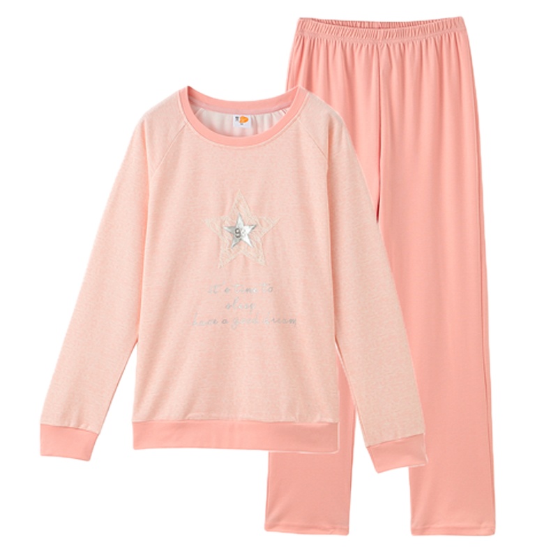 都市丽人时尚休闲宽松薄款圆领长袖套头秋冬家居服套装女士睡衣1H9224