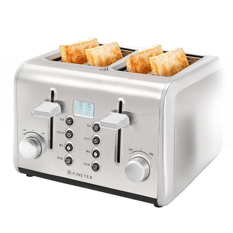 FINETEK 家用多功能烤面包机4片不锈钢多士炉全自动吐司机面包机 带显示屏