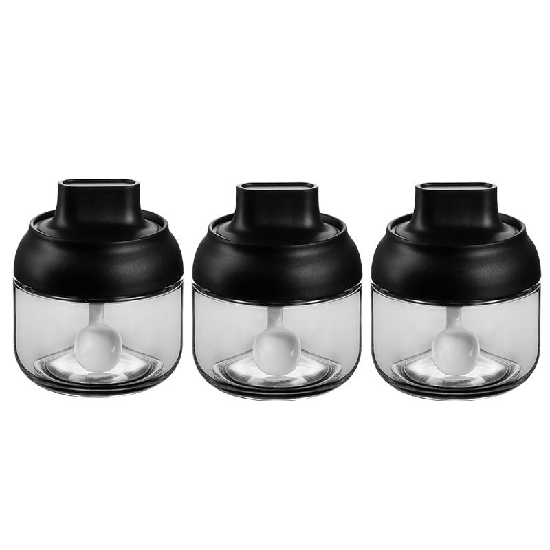 双枪调味盒厨房调料罐子家用组合调料瓶糖味精调料罐套装带勺子三件套黑色玻璃调味罐送不干胶标签