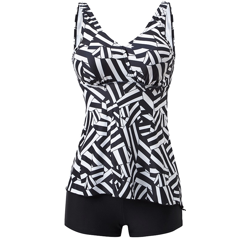 号手泳衣女保守大码胖mm显瘦遮肚性感露背小胸聚拢黑白花温泉泳装