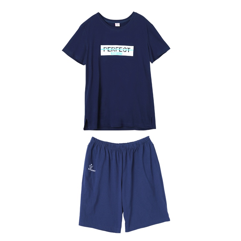 雪仙丽男士睡衣夏季纯棉薄款短袖家居服圆领休闲可外穿套装睡裤短男