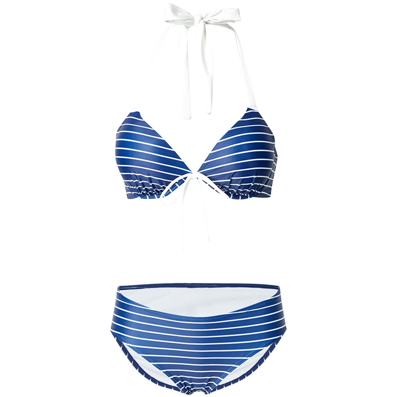 号手三件套泳衣女2019新款遮肚显瘦蓝白条纹比基尼分体性感三点式