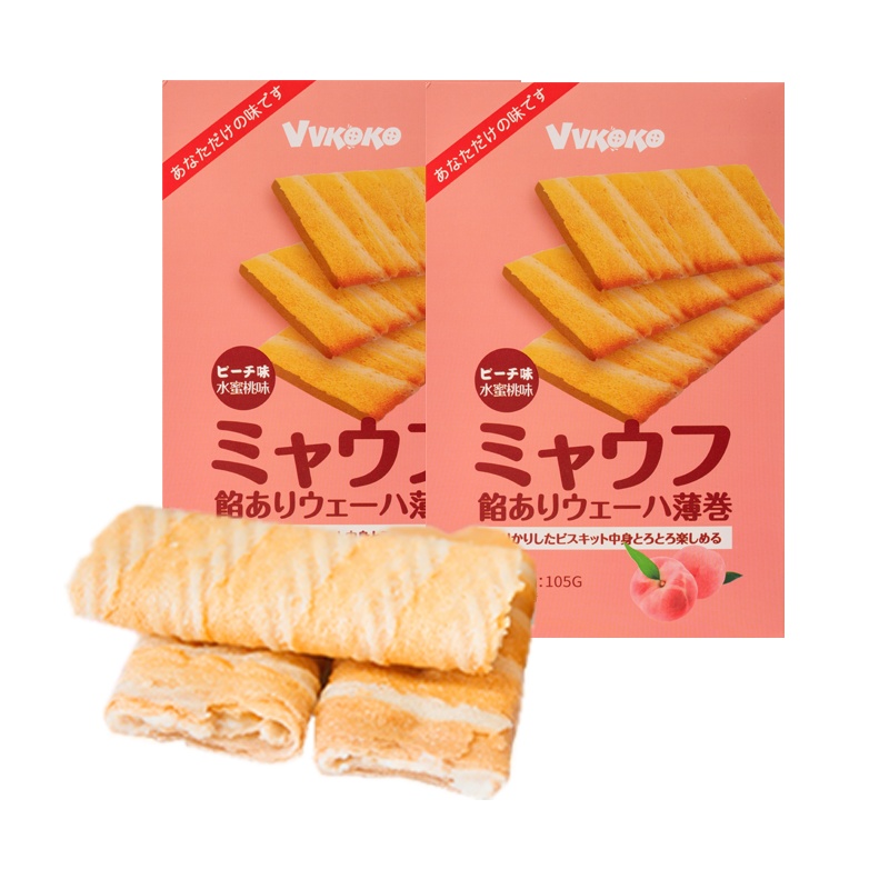 VVKOKO夹心威化薄形卷水蜜桃105g*2盒 苏宁自营零食马来西亚进口零食蛋卷威化饼干休闲小点心