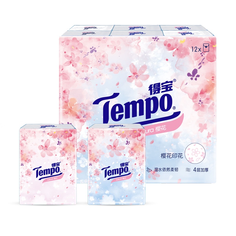 得宝(Tempo)手帕纸 淡雅樱花味4层7张12包 纸巾纸品便携四层加厚樱花印花餐巾纸面巾纸