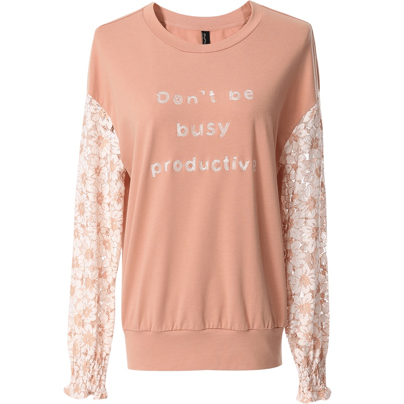 欧昵雪秋装圆领拼接蕾丝长袖宽松卫衣女字母印花套头上衣