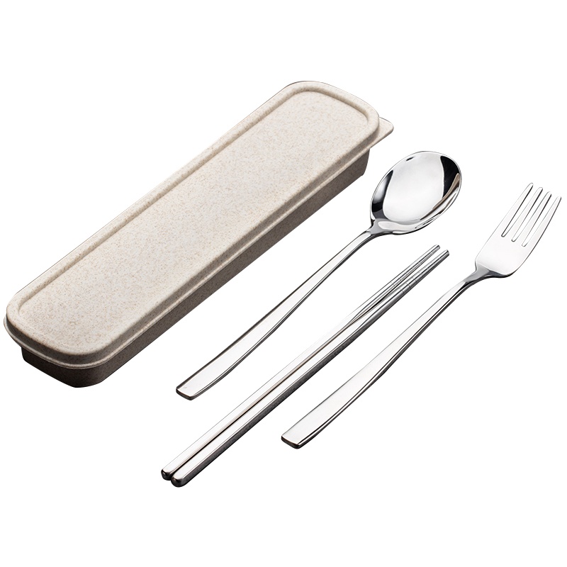 拾画 304不锈筷勺叉便携餐具套装(筷子+勺子+叉子)家用野餐餐具 本色款3件套