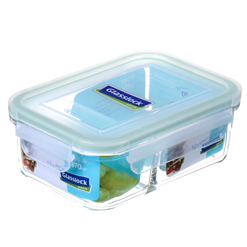 GlassLock韩国原装进口分隔玻璃饭盒可微波炉加热耐热钢化玻璃分格保鲜盒便当盒大容量密封带盖碗上班族带饭670ml
