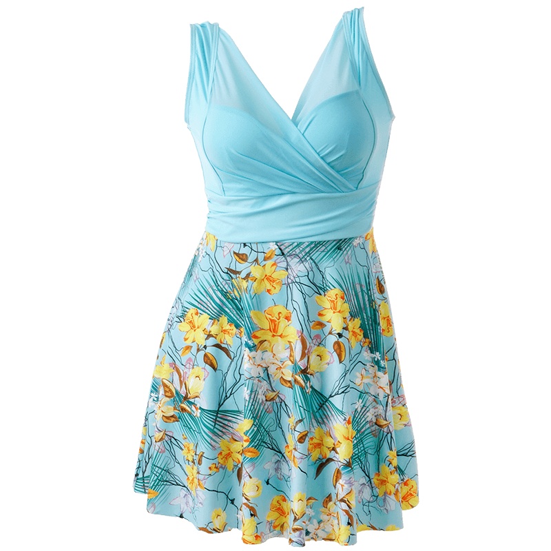 OOK连体裙式泳衣女保守遮肚显瘦游泳衣大胸聚拢性感大码泳装新款 印花