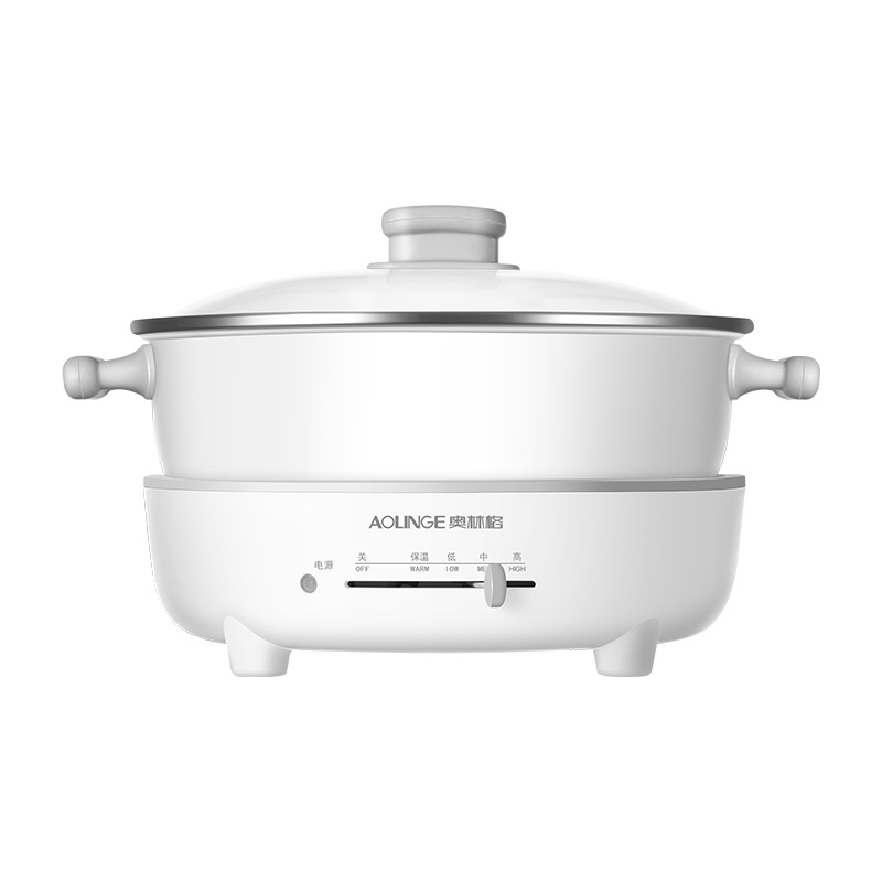 奥林格电煮锅大容量家用多功能电锅分体式小电火锅学生宿舍蒸煮一体5L 玉石白(不带)