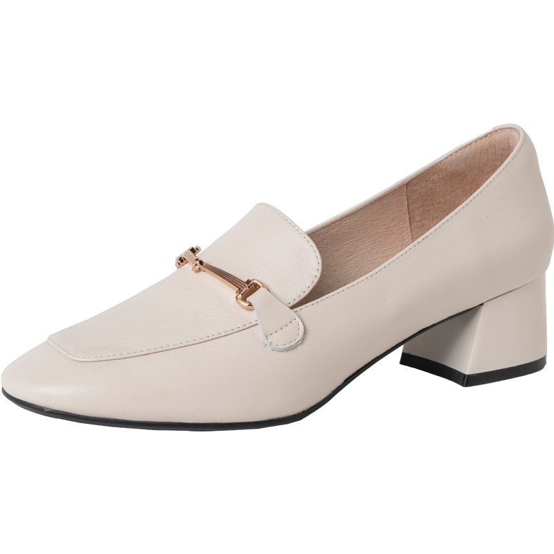 百田森乐福鞋女一脚蹬春季新款圆头中口粗跟休闲中跟真皮单鞋