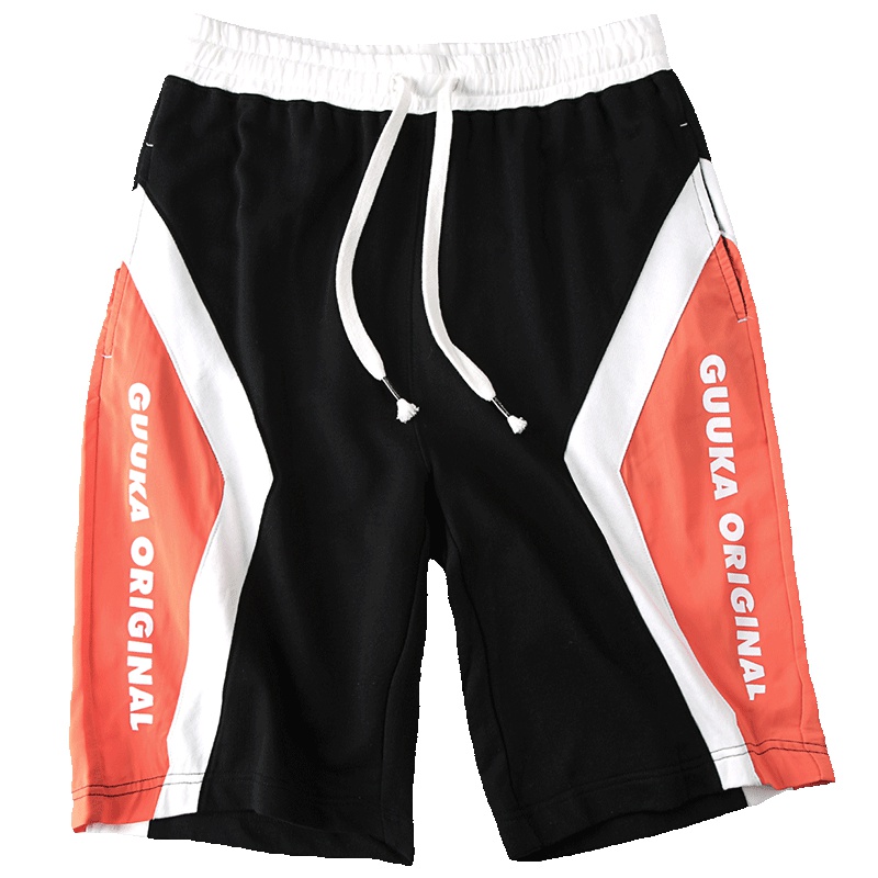 Guuka橙色拼接运动短裤男潮牌青少年夏季ins风印花休闲五分裤宽松