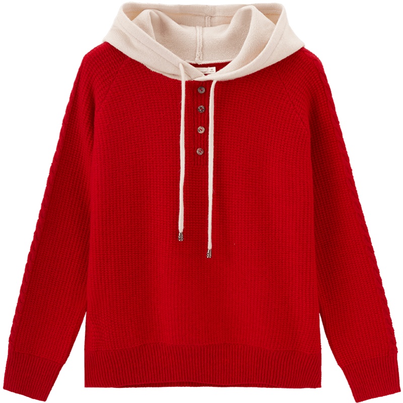 茵曼2019秋装新款时尚撞色连帽毛衣女针织卫衣宽松文艺范套头上衣