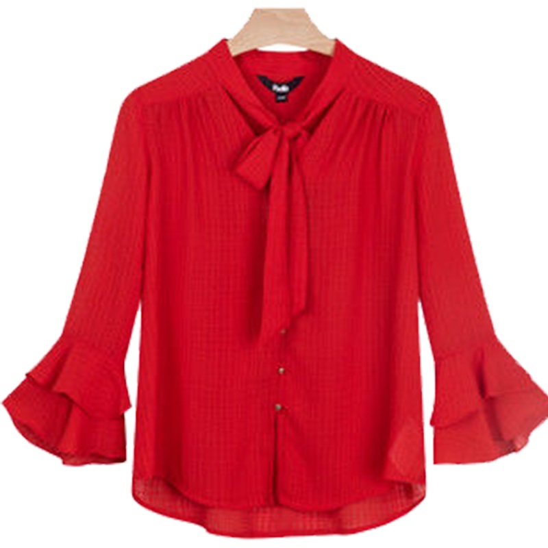 拉夏贝尔秋季雪纺衬衣女V领漏锁骨法式系带荷叶边喇叭袖上衣衬衫20012460