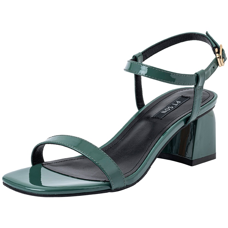 百田森凉鞋女夏季商场同款粗跟凉鞋一字扣牛漆皮凉鞋女外穿