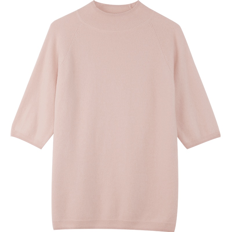 金菊2019春秋新款100%羊毛衫时尚气质纯色低圆领半袖针织上衣女