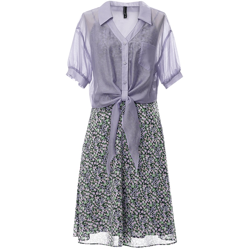 欧昵雪碎花吊带衬衣套裙夏装天丝防晒衬衫雪纺连衣裙两件套装女