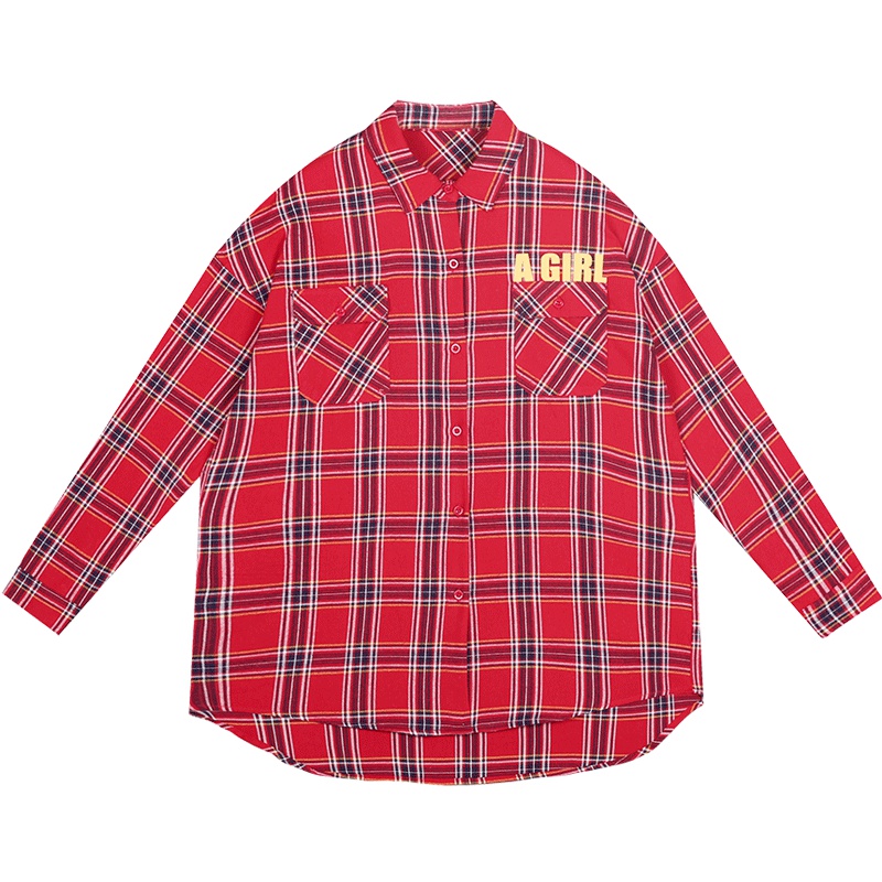 2019新款港风红色格子衫女短款上衣韩版宽松衬衣薄款秋装外套衬衫