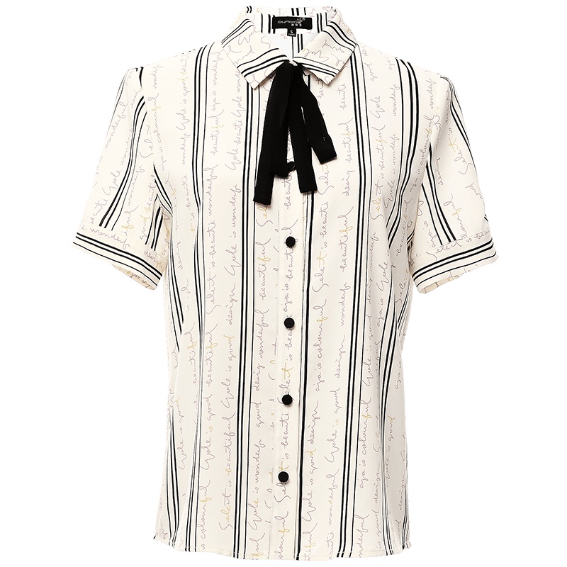 欧昵雪夏季蝴蝶结系带翻领条纹衬衫女短袖宽松字母花衬衣