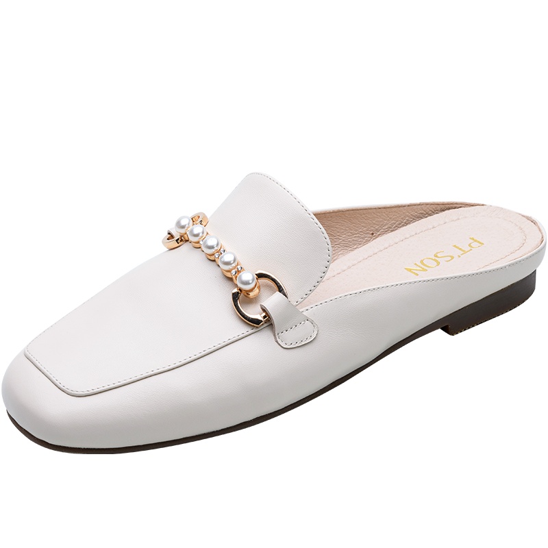 百田森商场同款2021新款珍珠马衔扣穆勒鞋女平底半包头拖懒人鞋女