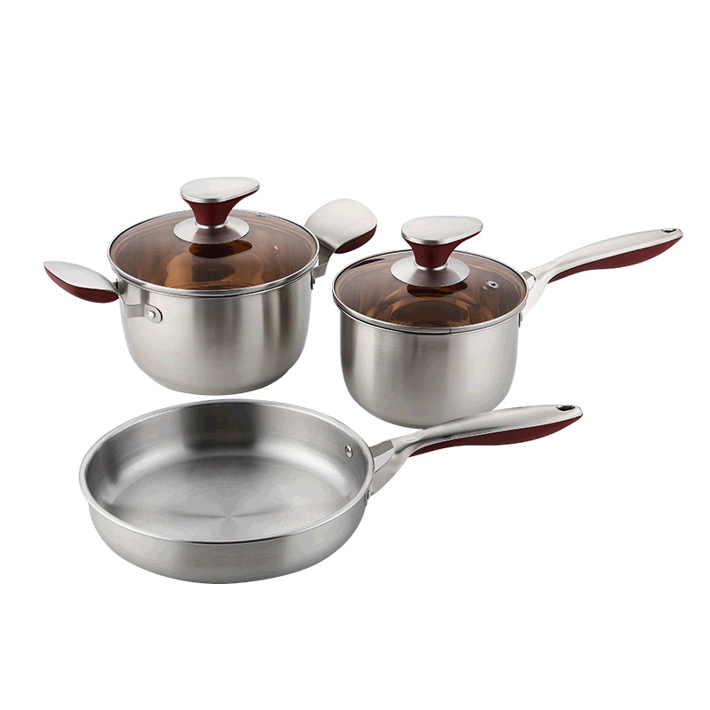 朗赫不锈钢锅具三件套组合礼品套装奶锅炒锅煎锅组合