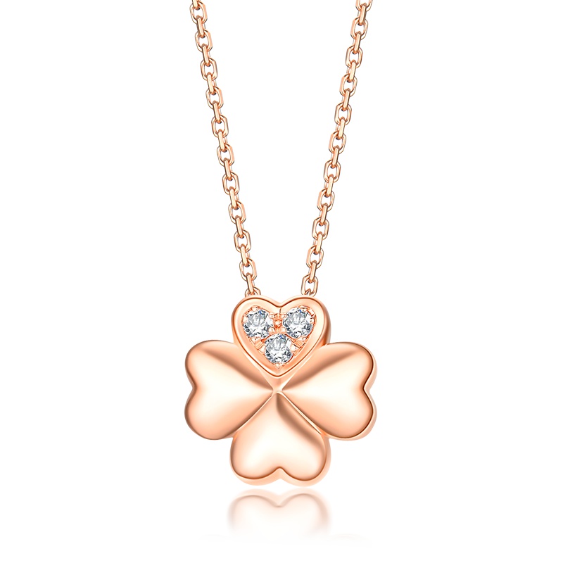 佐卡伊 18k玫瑰金钻石项链女真钻幸运草四叶草吊坠彩金镶钻锁骨链