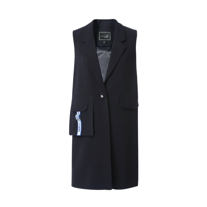 欧昵雪秋装通勤OL翻领无袖中长款西装马甲女修身背心外套