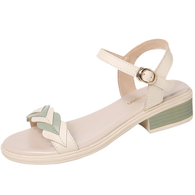 古奇天伦凉鞋女夏季2021年新款女鞋夏天一字扣带中跟露趾女士平底鞋