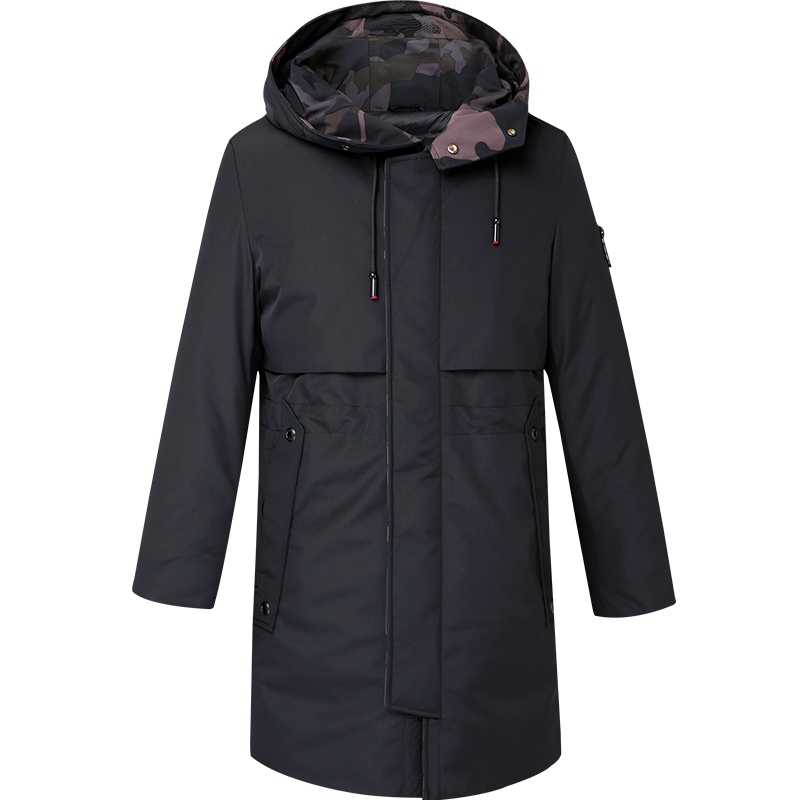 HODO红豆男装 男士羽绒服 冬季简约有型迷彩边连帽中长款羽绒服外套男