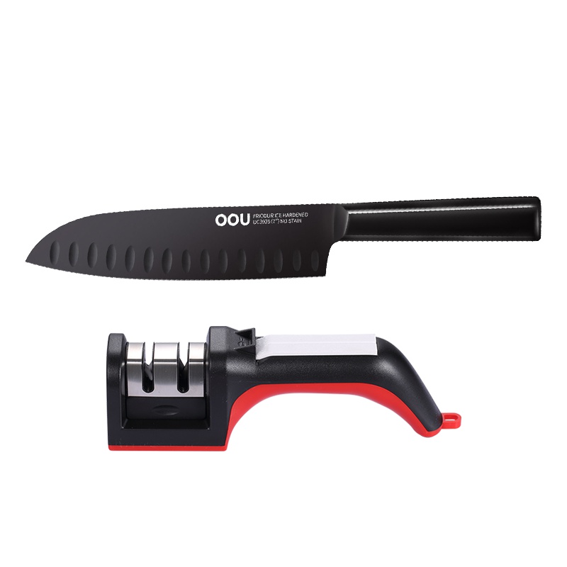 OOU!黑刃升级款厨师刀磨刀器两件套 德国钢材 全套厨房刀具磨刀棒刀具菜刀刀具套装不锈钢刀具锋利不生锈