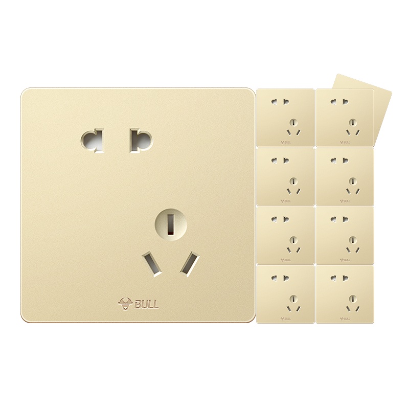 公牛(BULL)开关插座面板86型二三插五孔 G12香槟金斜五孔10支装无框大面板家用电源插座套装