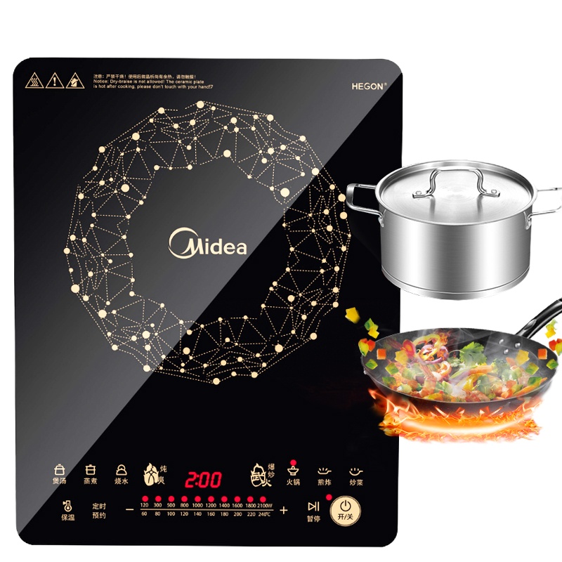 美的(Midea) 电磁炉 C21-WT2118智能匀火 德国汉森面板 10档 纤薄触控式赠汤锅+炒锅 大火力火锅电磁灶