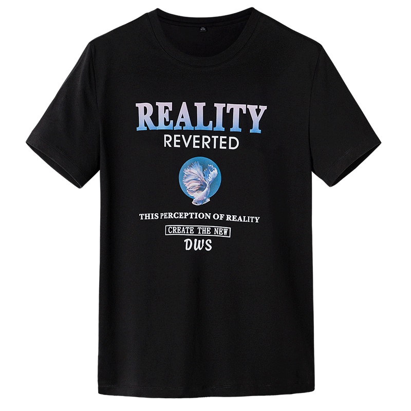 与狼共舞短袖T恤男2019夏季新款时尚男士圆领锦鲤印花宽松体恤衫