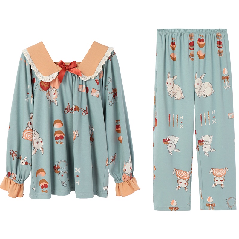 安之伴睡衣女童可爱娃娃领荷叶袖套头套装细软绵棉印花长袖可外穿女童套装