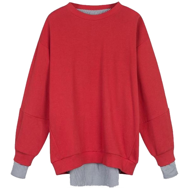 【热卖】秋新款学院风韩版潮拼接宽松中长款原宿假两件女圆领套头潮卫衣60300262