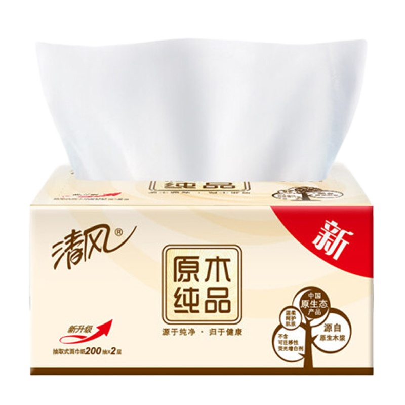 清风双层原木纯品盒装抽取式面巾纸(200抽/206mm*195mm)B338CN/B338C3(36盒/箱)