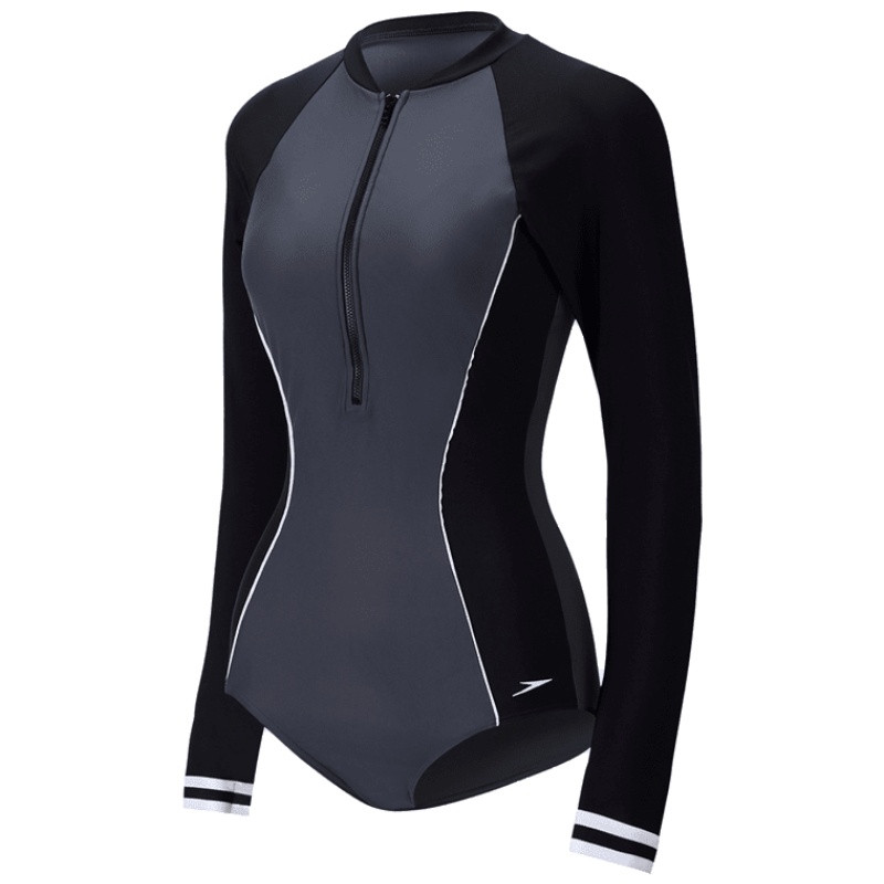 2019 Speedo 运动时尚拼接棒球半拉链 防晒长袖连体泳衣女