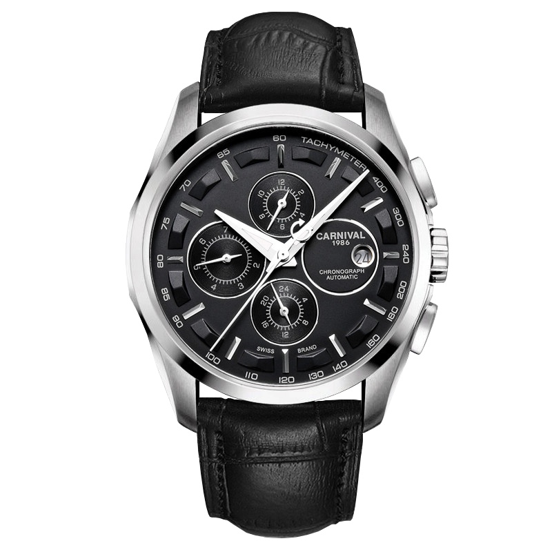 嘉年华CARNIVAL手表男士新自动机械表 男表多功能手表金属精钢带真皮带帅气休闲时尚潮流腕表夜光大表盘复古设计8659