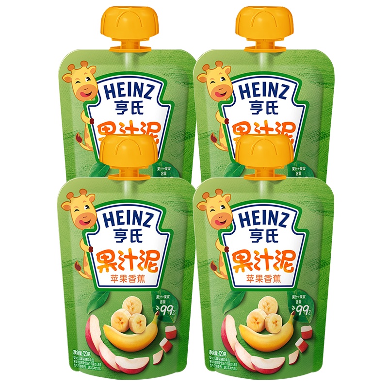 Heinz/亨氏乐维滋苹果香蕉果泥果汁泥120g*4袋 亨氏果泥婴儿果泥吸吸乐 宝宝水果泥辅食宝宝营养零食果汁泥