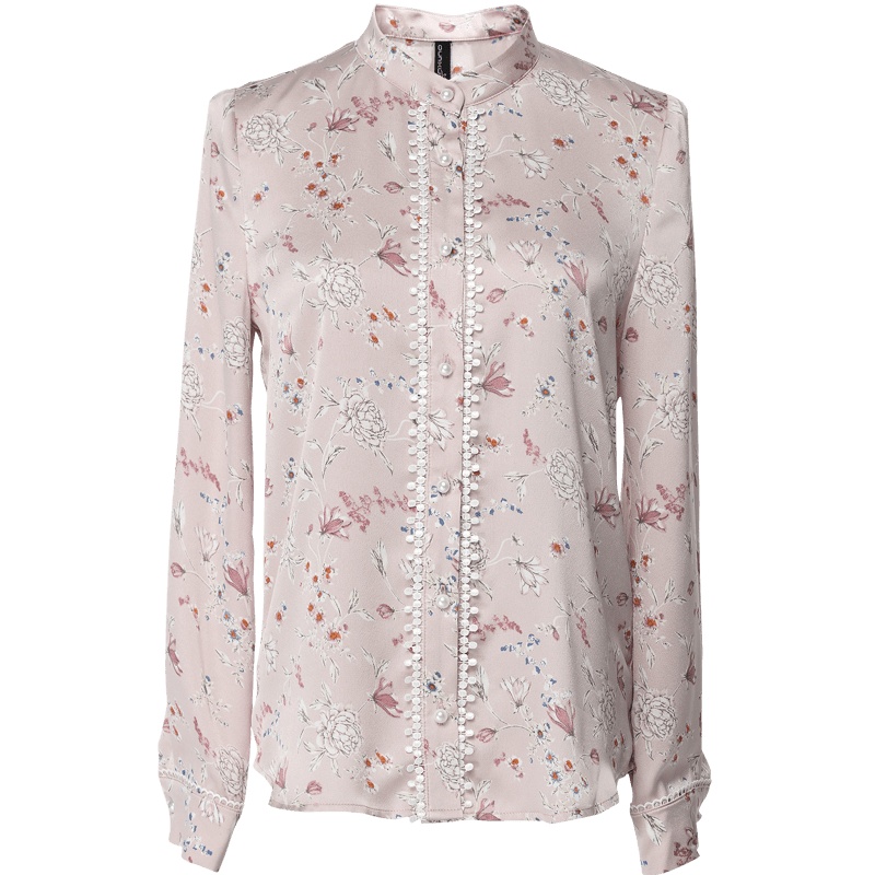 欧昵雪秋装花边拼接碎花立领衬衫女长袖花色上衣休闲衬衣