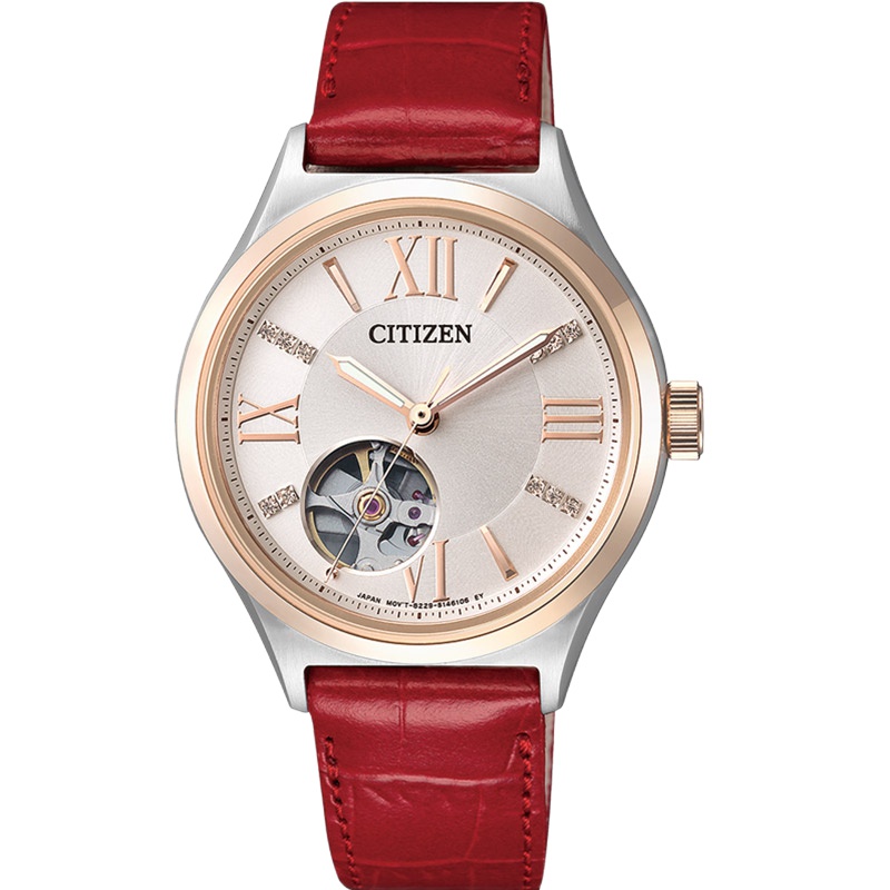 西铁城(CITIZEN)手表 自动机械皮表带女士镶嵌水晶镂空透视防水腕表PC1008-03A