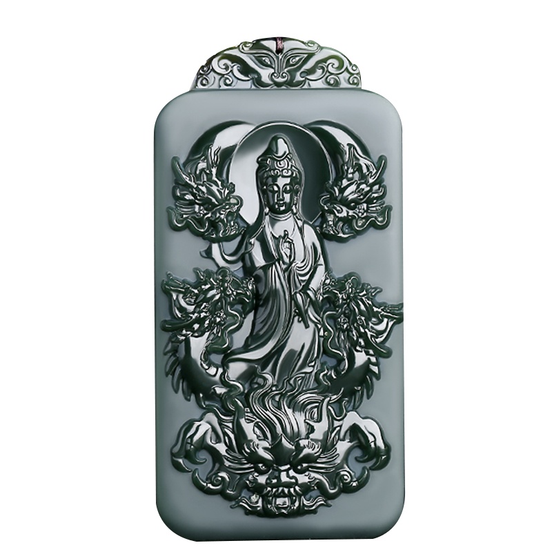 臻玉盈 和田玉塔青一细料青玉貔貅九龙观音吊坠玉牌子男玉坠玉石挂件