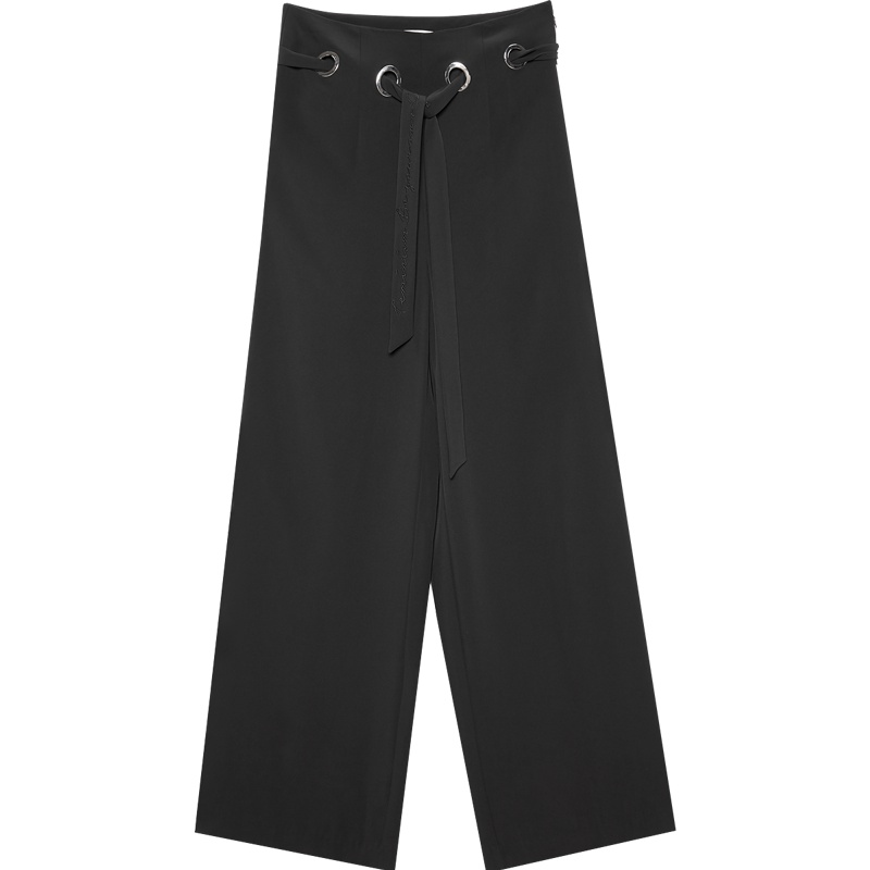 爱居兔春装2019女装 黑色宽松时尚高腰系带阔腿裤