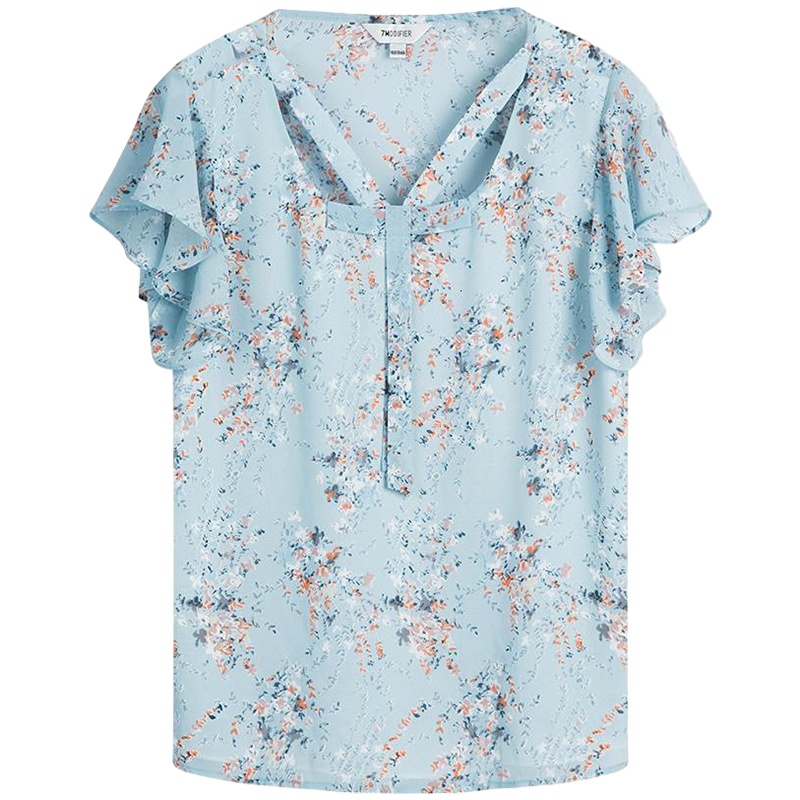 拉夏贝尔碎花雪纺衫新款蝴蝶结短袖学生韩版宽松镂空印花上衣女_556 S 印花混色