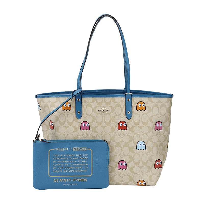 COACH 蔻驰 奢侈品 女士浅卡其图案款人造革手提单肩双面托特包送女友