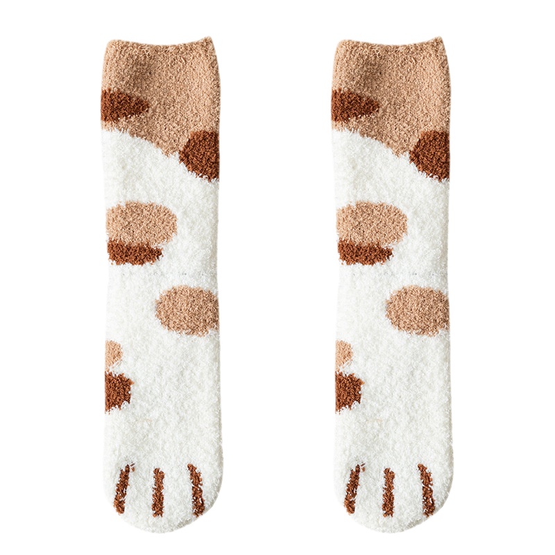 猫人6双装猫爪袜半边绒珊瑚绒袜子女秋冬中长筒加绒加厚保暖麻花地板睡眠袜