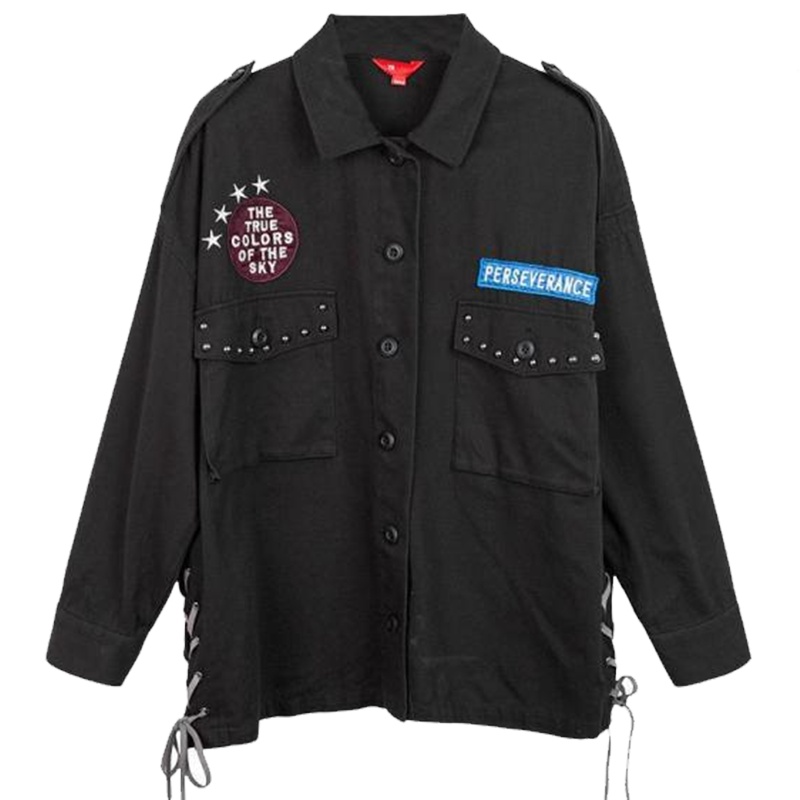 【热卖】7m女款2019秋冬百搭新款潮韩版宽松运动休闲牛仔时尚工装黑色短外套70009613