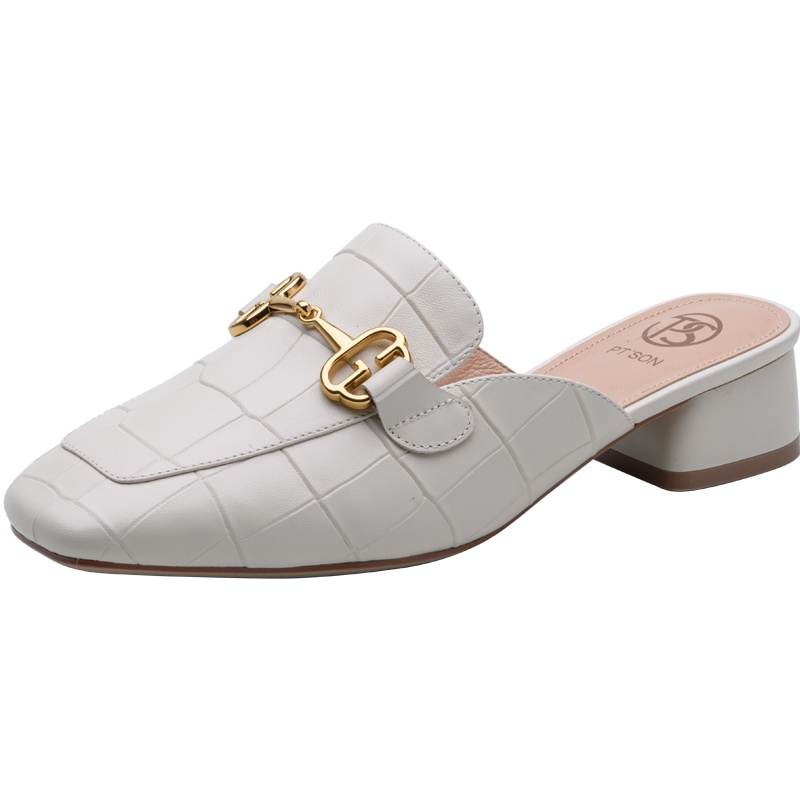 百田森2021春商场同款英伦穆勒懒人鞋女中跟马衔扣真皮凉拖鞋外穿