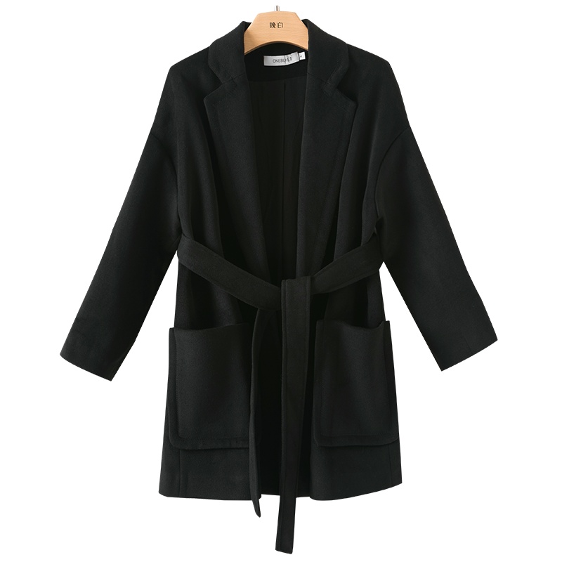 晚白2020冬季新品纯色翻领长袖中长款收腰系腰带毛呢大衣外套女