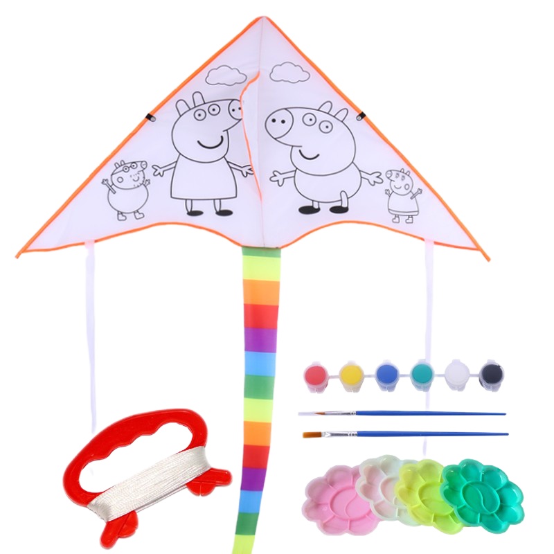 风筝儿童涂鸦空白diy绘画风筝手绘材料包手工制作自制风筝手工风筝教学风筝 加厚小猪+六色颜料+两支笔+50米加粗线+调色