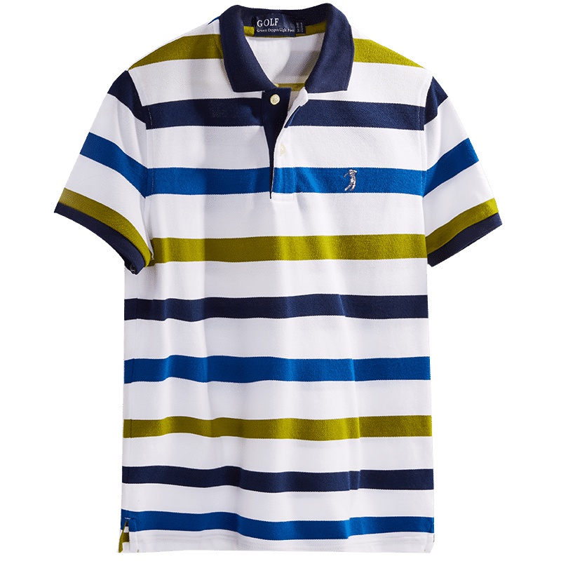 GOLF/高尔夫夏季新款美式休闲保罗短袖t恤男条纹翻领POLO衫男 湖蓝/草绿